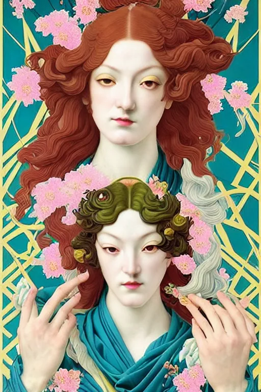 Image similar to 3 Spring Deities, (one representing each month of March, April, and May), in a style blending Æon Flux, Peter Chung, Shepard Fairey, Botticelli, Ivan Bolivian, and John Singer Sargent, inspired by pre-raphaelite paintings, shoujo manga, and cool Japanese street fashion, dramatically blossoming flora and fauna, pastel dynamic colors, hyper detailed, super fine inking lines, ethereal atmosphere, sfumato, 4K extremely photorealistic, Arnold render