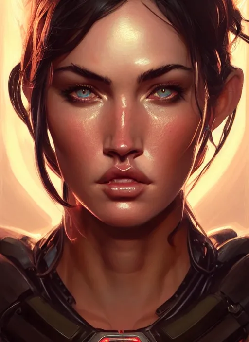 Image similar to portrait of apex legends megan fox, intricate, elegant, glowing lights, highly detailed, digital painting, artstation, glamor pose, concept art, smooth, sharp focus, illustration, art by artgerm and greg rutkowski, artey freytag