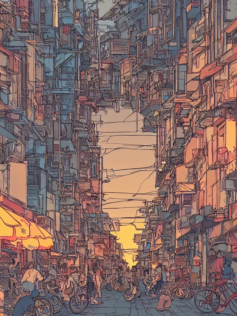 Prompt: a digital art of a close up view of a japanese street, sunset, bikes and pedestrians, by laurie greasley, artstation, studio ghibli color scheme