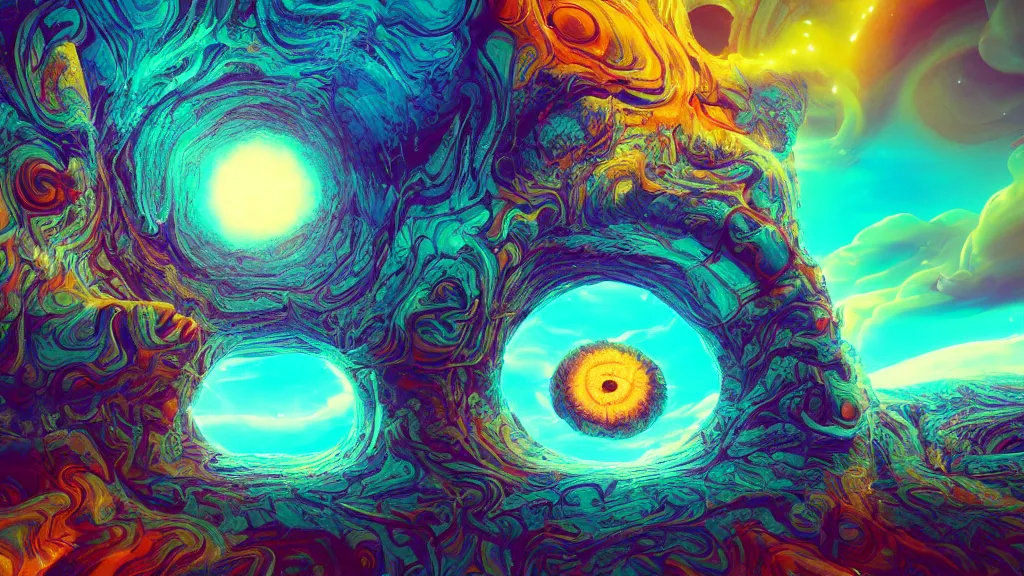 Image similar to lsd visuals dmt visuals shroom visuals a monkey face spirals and fractal designs infinity by anato finnstark and moebius and beeple and in the middle a portal back to reality, filmic, cinematic, into the void, octane render, pbr, path based rendering, volumetric clouds, particle physics, glorious