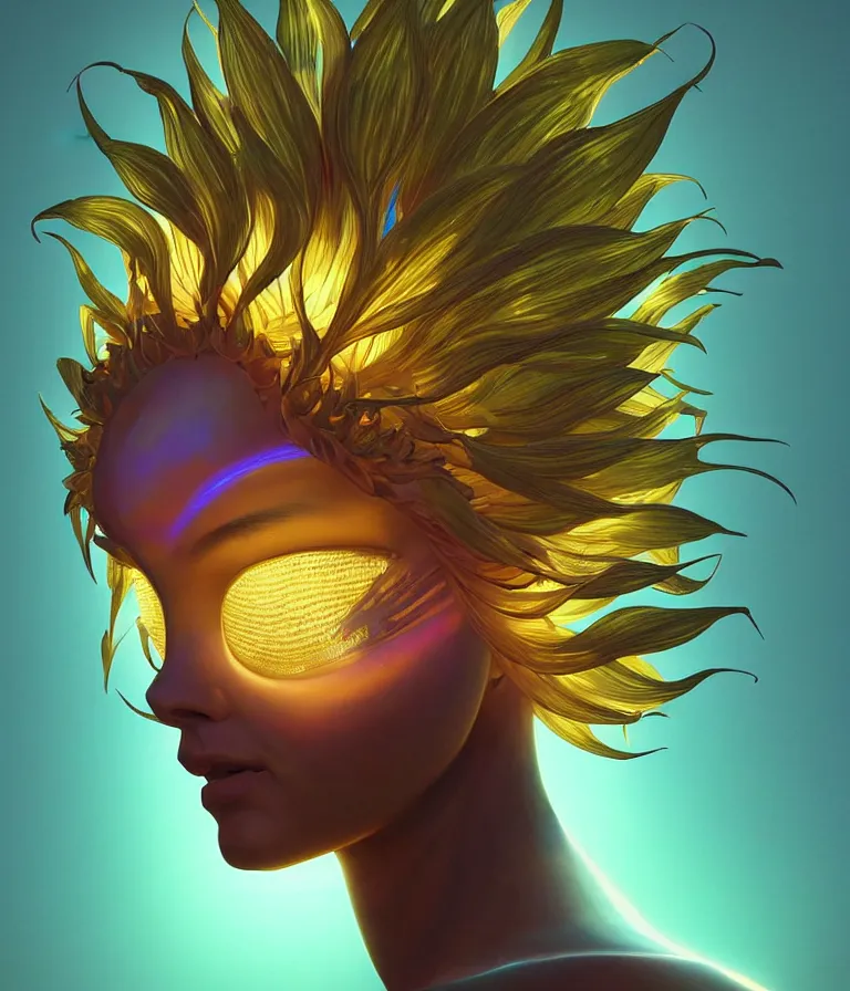 Image similar to iridescent portrait of the sunflower goddess. hard surface modelling. futuristic look. bio luminescent biomechanical halo around her head. neon lighting. artwork by jarold Sng by artgerm, by Eddie Mendoza, by Peter mohrbacher by tooth wu, unreal engine, octane render, cinematic light, high details, iridescent colours, dichroic, macro, 4l