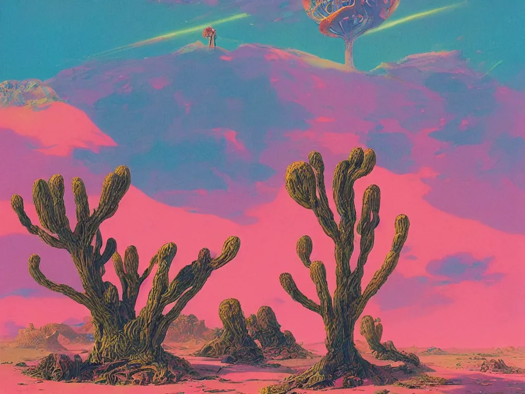 Image similar to a pink tree in a desert surrounded by an ocean on a strange planet, by bruce pennington, by sam freio, by thomas rome, by victor mosquera, juxtapoz, behance, dayglo, prismatic, iridescent