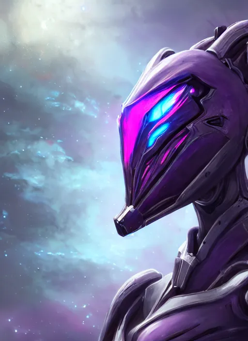 Image similar to cinematic close shot, cosmic sized proportional stunning beautiful hot female warframe, detailed sleek robot mecha female dragon head, metal ears glowing purple eyes, sleek silver armor, fuschia skin, floating in empty space, nebula sized, epic proportions, epic size, epic scale, furry art, dragon art, giantess art, warframe fanart, furaffinity, deviantart