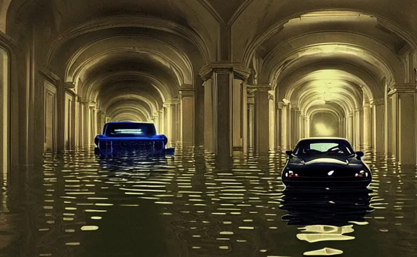 Image similar to car from cars in a flooded fractal hallway, romance novel cover, in 1 9 9 5, y 2 k cybercore, low - light photography, still from a ridley scott pixar movie