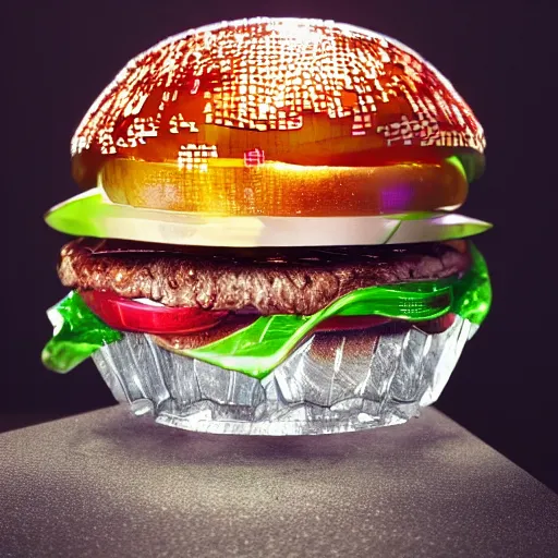 Prompt: Swarovski glass sculpted burger faceted, direct strong light, awesome reflections, first prize photo, amazing, light play, 4k, intricate,delicate, inspiring