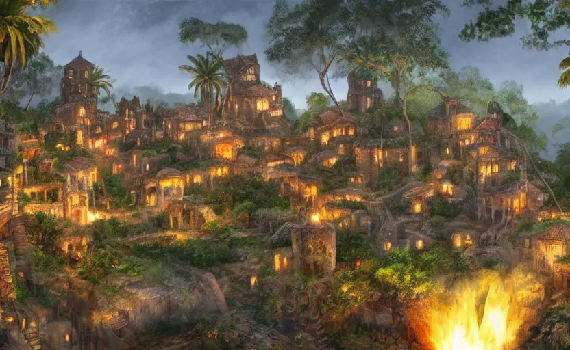 Image similar to medieval village built in a tropical cave, lit by torches, plants, waterfall, houses, towers, concept art, dawn