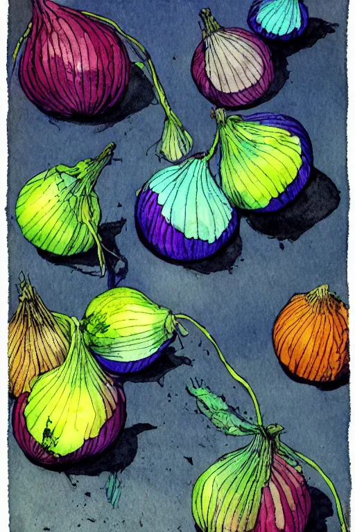 Prompt: onions,painted by Edward Gorey and Paul Wenzel and George Barr and Stephen Youll,trending on artstation, iridescent cool blue and cyan and red and blue and yellow and green lighting front view futuresynth , outrun , vibrant colors, Sabattier filter , Watercolor