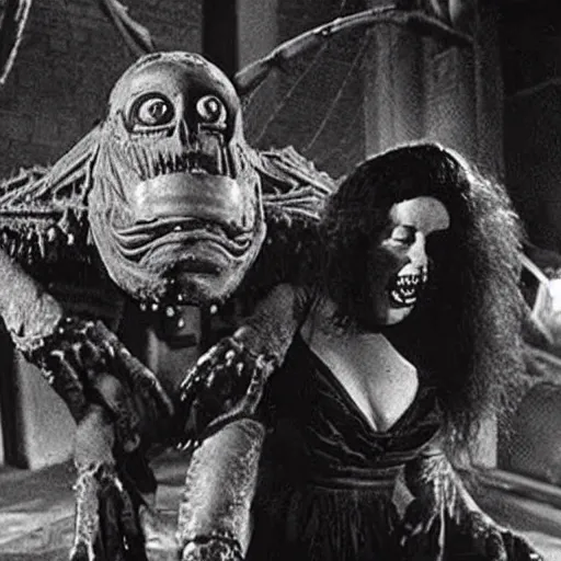 Image similar to vintage universal monster movie, the giant humanoid crab monster attacks a screaming woman inside a spooky gothic mansion