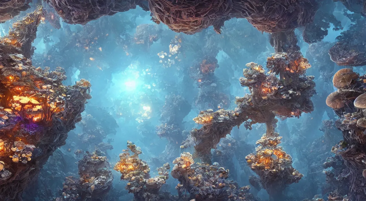 Prompt: a fractal wonderland, crystal growths, mushroom ecosystem - rays, ray - tracing, cinematic lighting, 4 k smooth, focus, cinematic, concept art, highly detailed, artstation, trending, feng zhu, shaddy safadi, noah bradley, tyler edlin, jordan grimmer, darek zabrocki, neil blevins, tuomas korpi