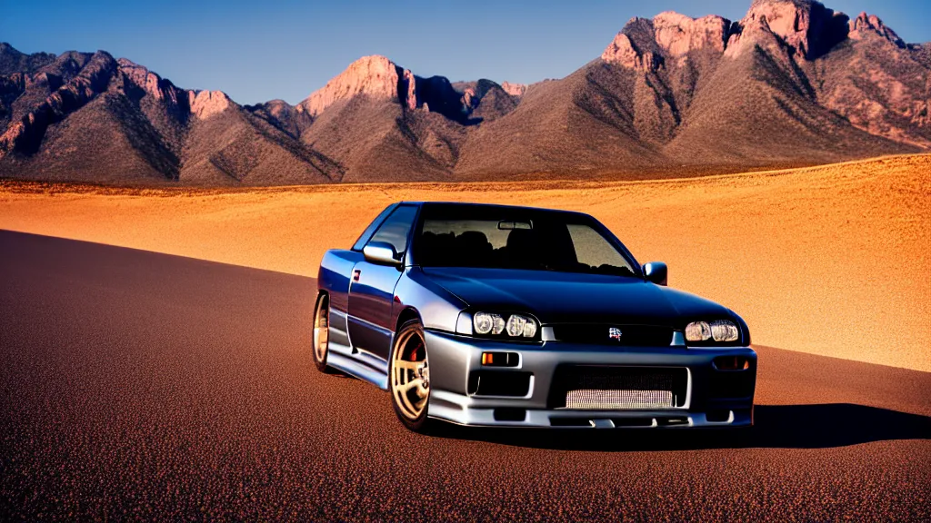 Image similar to three quarter front photo of a stock dark grey nissan r 3 2 skyline gtr on a road in a desert with a mountain in the background in the early morning, car photography, zoom lens, blue hour, photorealistic