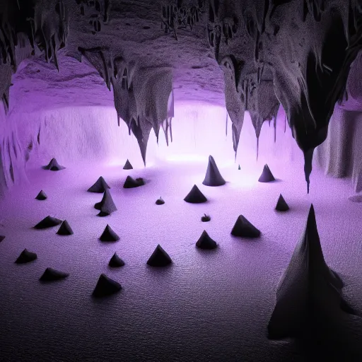 Prompt: purple fluid dripping down black spikes in a dark cave with a single lit torch, cinematic lighting, 8k render, ultra HD,