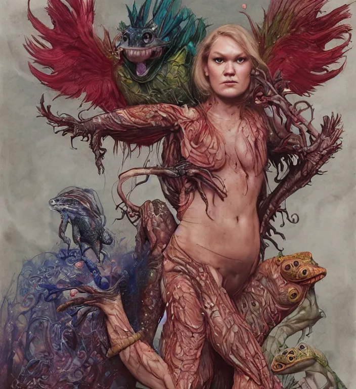 Image similar to a portrait photograph of julia stiles as a colorful harpy super hero with mutated slimy wet skin. she is trying on a amphibian creature suit and transforming into a feathered alien beast. by tom bagshaw, donato giancola, hans holbein, walton ford, gaston bussiere, peter mohrbacher and brian froud. 8 k, cgsociety