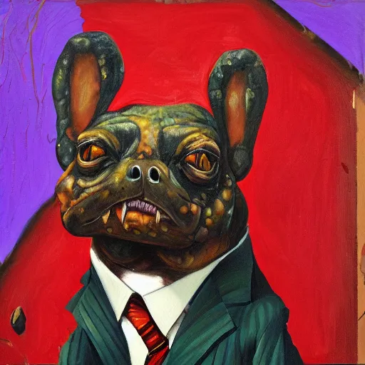 Image similar to Portrait of a psychotic crossbreed between a rabid dog and a toad, in a purple suit, oil painting