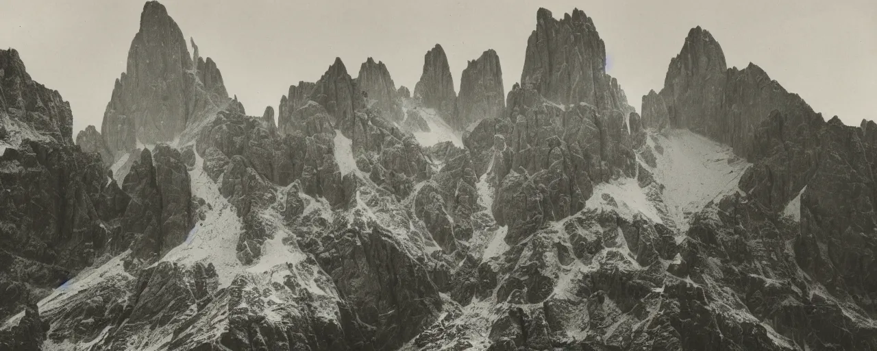 Image similar to 1920s photography of terrifying dolomites dark with occult signs