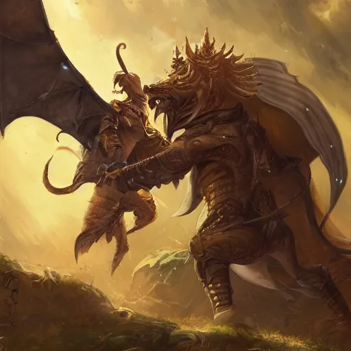 Prompt: a knight in a yellow cloak fighting an evil manticore, detailed, realistic, trending on artstation, by Tony Sart