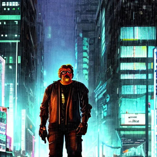 Prompt: Cyberpunk Gabe Newell standing in the street of a cyberpunk city at night in the rain, detailed, realistic, portrait