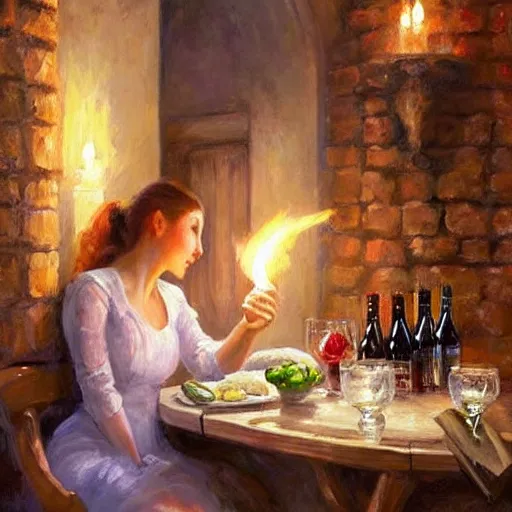 Image similar to wine cellar full of food, torches on the wall, schnapps, romantic, inviting, cozy, blonde woman, painting Vladimir Volegov