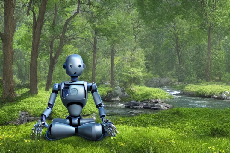 Prompt: professional photo of highly-detailed robot sitting cross-legged with its head pointing down, on a small hill, in a fantasy forest with blooming trees and surrounded my wildlife, river flowing beside the robot, 4k, highly detailed, Unreal Engine