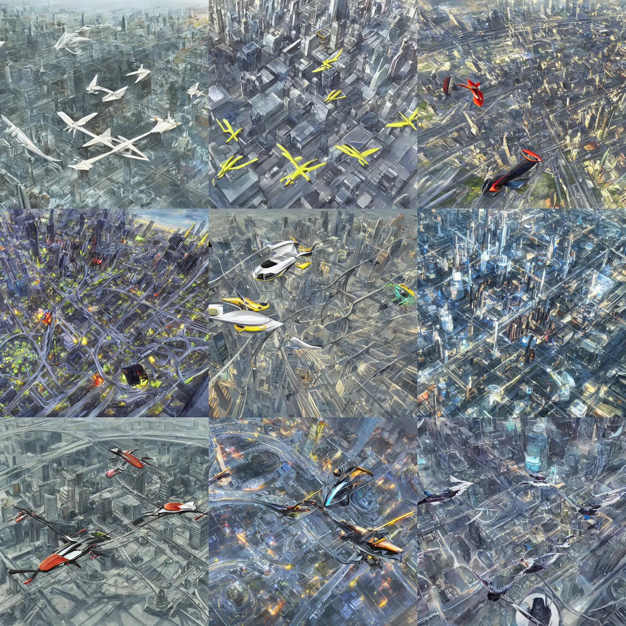 Prompt: flying cars in the city some stop at stations, concept art, bird's eye view