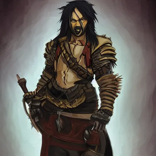 Prompt: DND concept character tan mercenary rogue, with long black hair, leather armor, possessed by a demon, holding a bottle of whisky