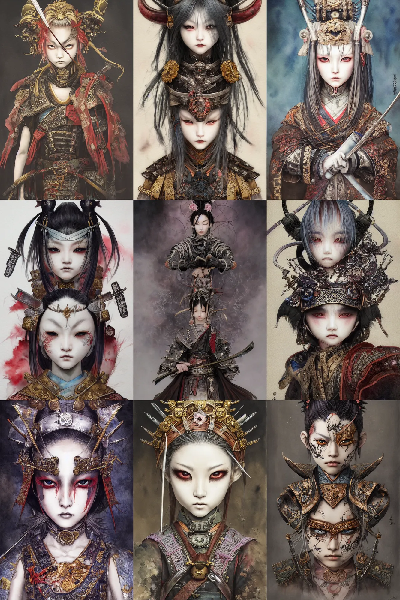 Prompt: watercolor painting of a japanese bjd samurai warrior in the style of dark - fantasy painted by yoshitaka amano, tom bagshaw, ayami kojima, dmt art, symmetrical vogue face portrait, intricate detail, artstation, cgsociety, artgerm, rococo, bronze