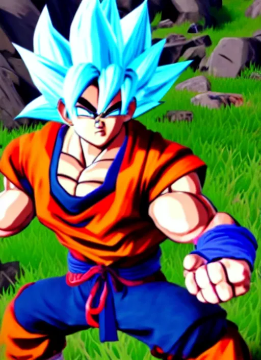 Image similar to game still of a sayan goku as a fortnite skin in fortnite by fortnite, pose.