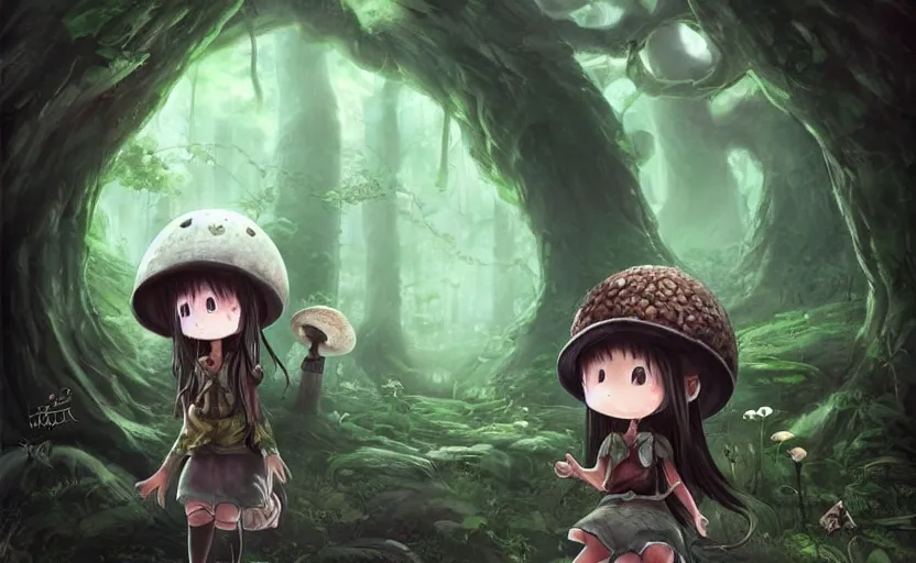 Image similar to cute little girl with an long black hair wearing an mushroom hat in the dark forest next to a sinister monster, cute artwork, clean detailed art, inspired by made in abyss, detailed background, fantastic world, spectacular quality