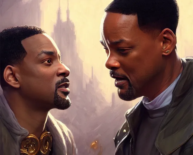 Image similar to will smith getting slapped by chris rock, deep focus, d & d, fantasy, intricate, elegant, highly detailed, digital painting, artstation, concept art, matte, sharp focus, illustration, hearthstone, art by artgerm and greg rutkowski and alphonse mucha