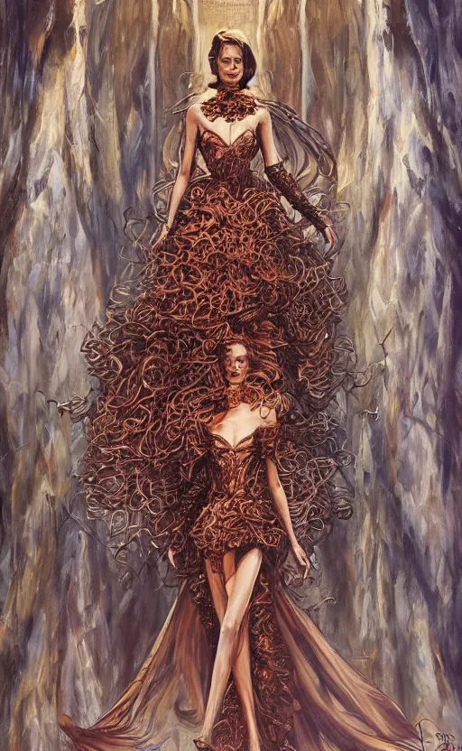 Image similar to fashion model walking down a catwalk, elaborate dress by alexander mcqueen, art by michael whelan and chris moore and howard david johnson and tim white and dan giancola