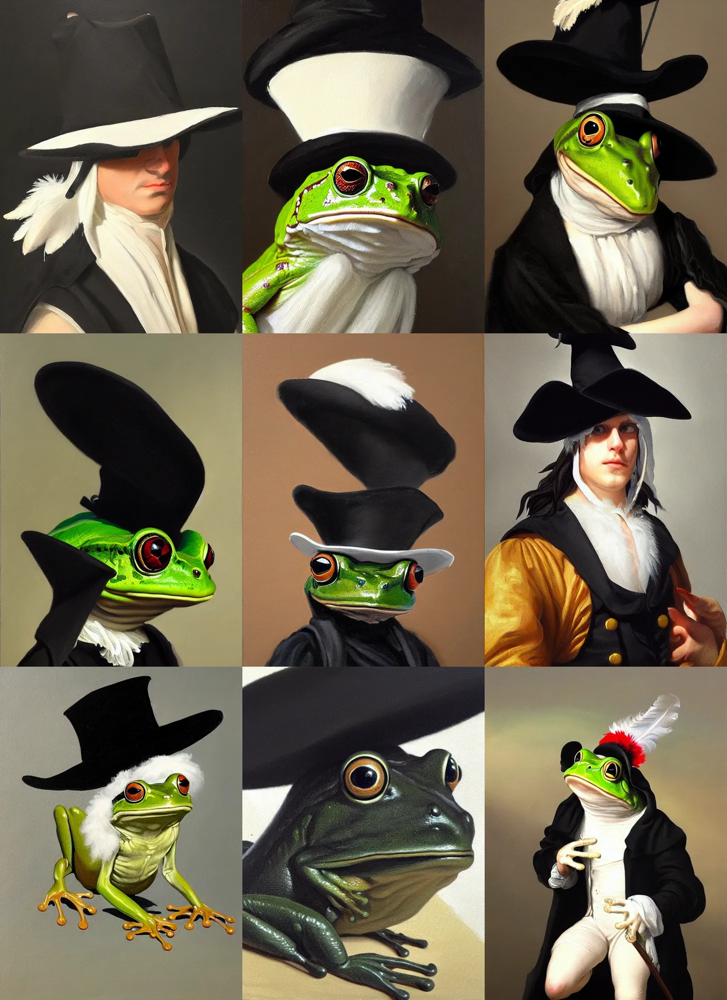 Prompt: a painting of a frog wearing a black tricorn hat with a white feather, artstation, classical realism, detailed painting, oil on canvas