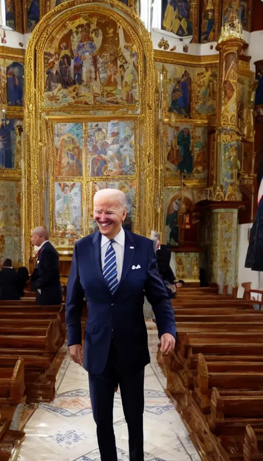 Image similar to smiling biden with closed eyes praying in a russian church
