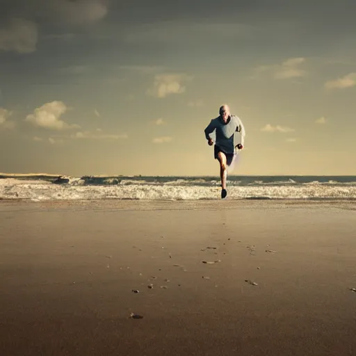 Image similar to Walter White running on the beach, artistic, 8k, cinematic, accurate, symetric, face, dramatic lighting, pastel colours