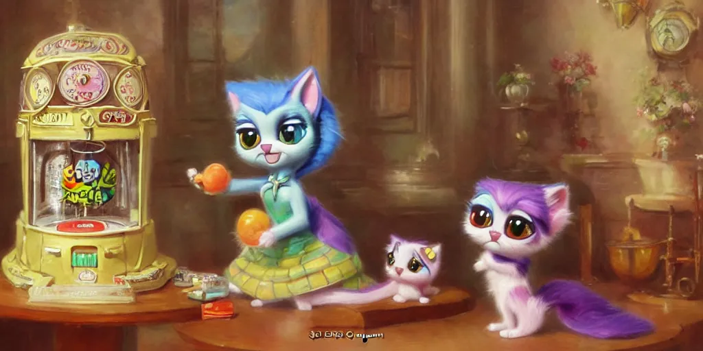 Image similar to 3 d littlest pet shop cat, vintage gothic gown, gumball machine, smiling, master painter and art style of noel coypel, art of emile eisman - semenowsky, art of edouard bisson