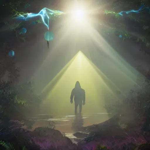 Image similar to a dirty lost person is following a floating blue glowing ball of light through a foggy swamp , Eternal cardgame art style .