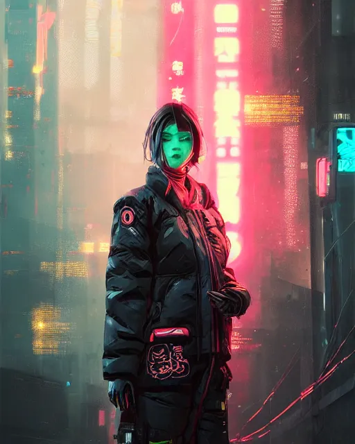 Image similar to detailed portrait Neon Operator Girl, cyberpunk futuristic neon, reflective puffy coat, decorated with traditional Japanese ornaments by Ismail inceoglu dragan bibin hans thoma greg rutkowski Alexandros Pyromallis Nekro Rene Maritte Illustrated, Perfect face, fine details, realistic shaded, fine-face, pretty face