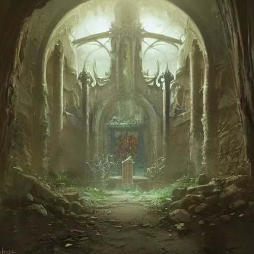 Image similar to a beautiful hyper realistic detailled matte painting of a decrepit altar in an underground crypt, by john howe and moebius and bastien lecouffe deharme and andreas rocha, trending on artstation