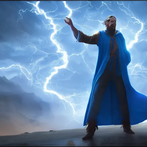 Prompt: Mage wearing blue robes summoning a Tornado, matte painting, cinematic, Artstation