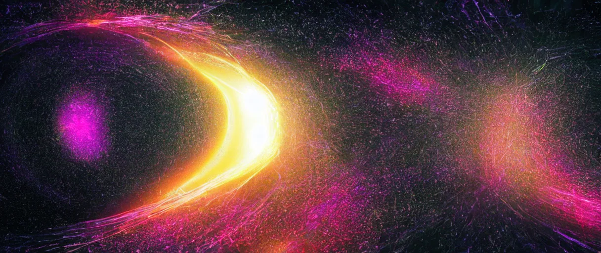 Prompt: abstract black hole in space, rhizomatic network, simulation, volumetric, physical particles, translucence, cinematic lighting, iridescence