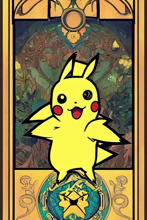 Prompt: Pikachu tarot card, art nouveau style, painterly, digital art, ornate borders, intricate details, dream atmosphere, light toned, pastel colors, cute, adorable, concept art, Pixiv, Deviantart, Behance, trending on artstation, by Naoki Saito and James jean and James Gurney and Alphonse Mucha