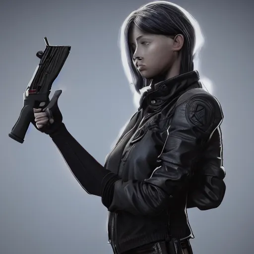 Image similar to photograph of a young woman wearing a all black clothes holding a Gun, detailed, artstation, concept art, Unreal Engine 5 render, gameplay showcase, 8K