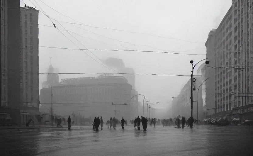 Image similar to 40s movie still of a sovietic street with many pedestrians silhouette with soviet highrise in the backround , Cinestill 800t 18mm, heavy grainy picture, very detailed, high quality, 4k panoramic, HD criterion, dramatic lightning, streetlight at night, rain, mud, foggy, CCCP flags all around