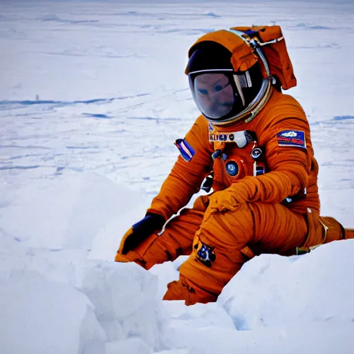 Prompt: astronaut in orange polar exploration suit crouching down in the snow behind a small plant