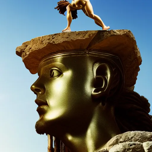 Image similar to tiny greek goddess in steel helmet standing on a giant greek bearded male head, greek temple of olympus glory island, late afternoon light, wispy clouds in a blue sky, by frank lloyd wright and greg rutkowski and ruan jia