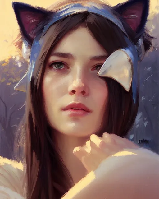 Image similar to a potrait of a girl with cat ears, fine details. night setting. realistic shaded lighting poster by craig mullism, artgerm, jeremy lipkin and michael garmash, unreal engine, radiant light, detailed and intricate environment, digital art, trending on art station