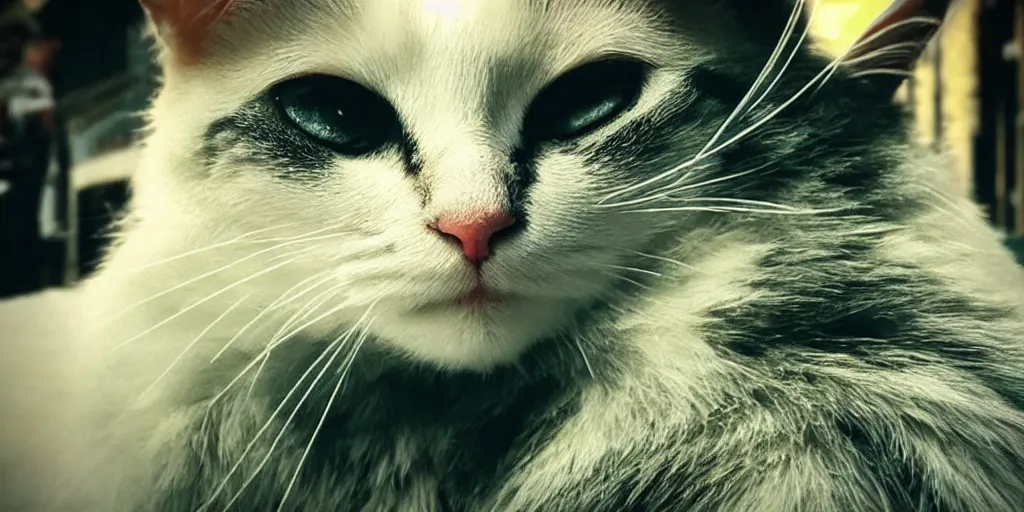 Prompt: “beautiful up close photo of a cat staring to the camera while sitting in the streets of night city’s corpo plaza, cyberpunk 2077”