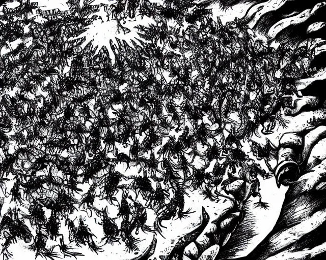 Prompt: A swarm of flying alien hippos drawn by Kentaro Miura, extremely high detail, manga, ink