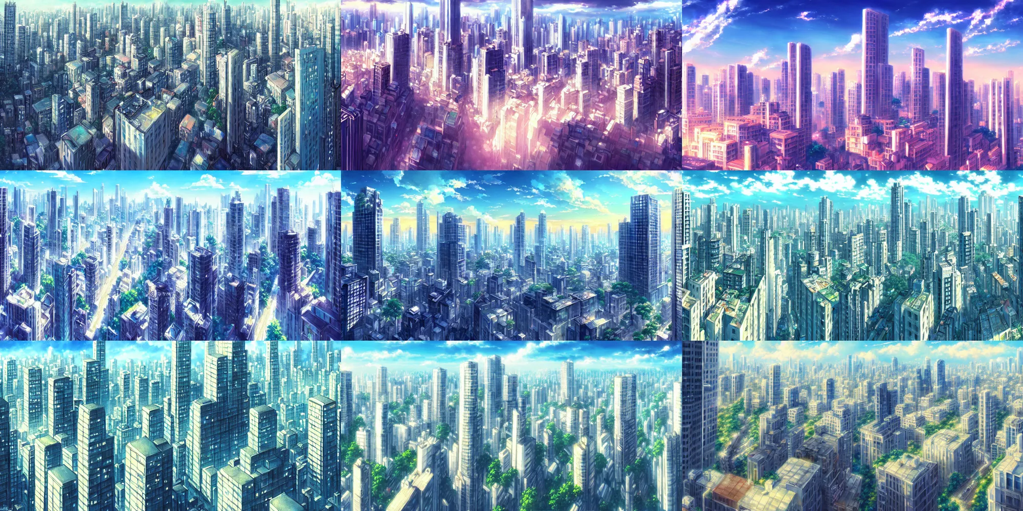 Prompt: a beautiful painting illustration of a city and highrise buildings, a detailed matte painting from the anime film kimi no ka wa, official art, cinematic view, HD wallpaper