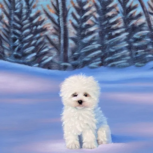 Prompt: cute fluffy white puppy sitting in snowy winter landscape detailed painting 4k