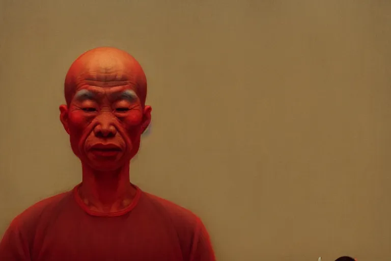 Image similar to a chinese prisoner, in the style of beksinski, parts by edward hopper, parts by rodcenko, parts by yue minjun, intricate and epic composition, red by caravaggio, insanely quality, highly detailed, masterpiece, red light, artstation, 4 k, octane render