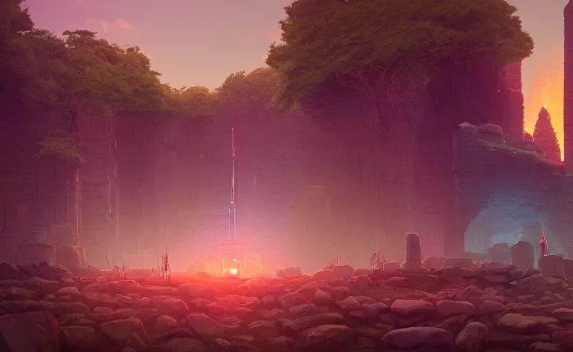 Image similar to A landscape with a giant stone brick tower with pillars on top at sunset, forest, magical portal, cyberpunk, glowing runes, Low level, rendered by Beeple, Makoto Shinkai, syd meade, simon stålenhag, environment concept, synthwave style, digital art, unreal engine, WLOP, trending on artstation, 4K UHD image, octane render,